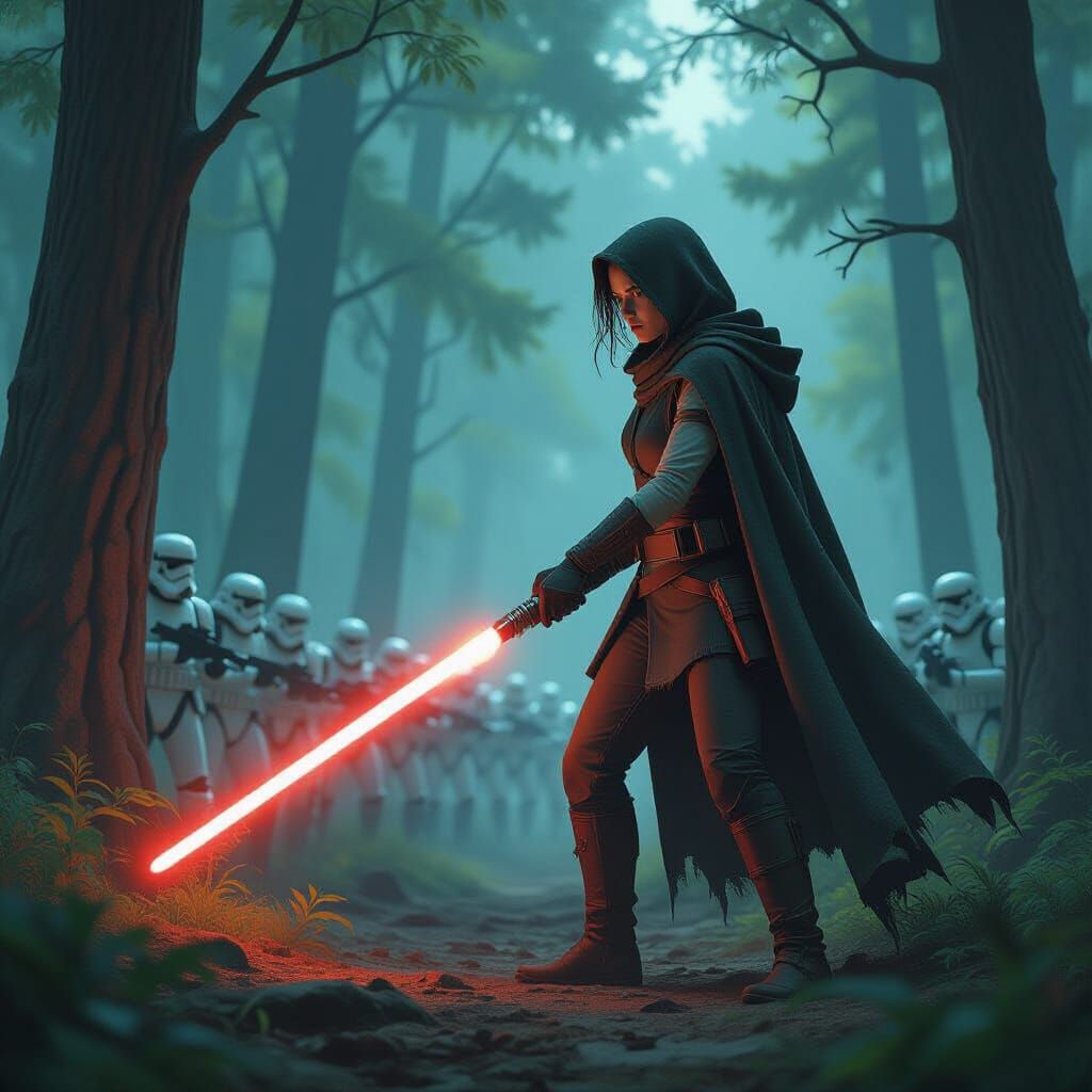 Resolute Jedi Facing Imperial Army in Forest