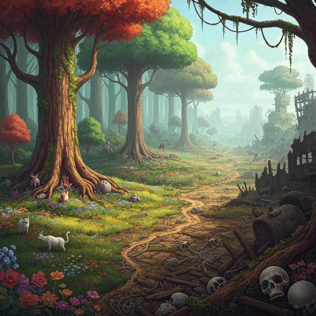 Vibrant Forest Meets War-Torn Wasteland Landscape