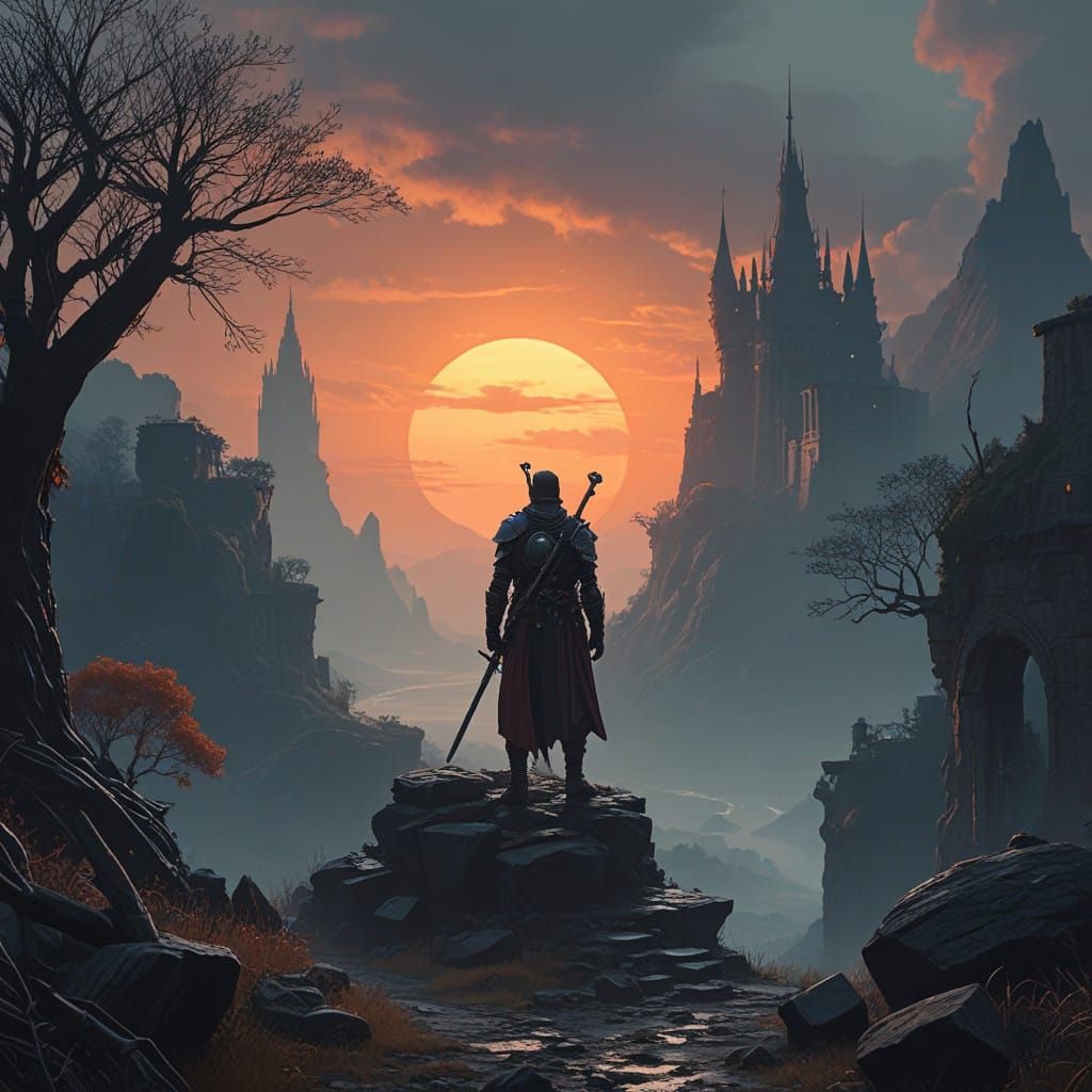 Hero Approaches a Foreboding Castle in Fantasy Realism