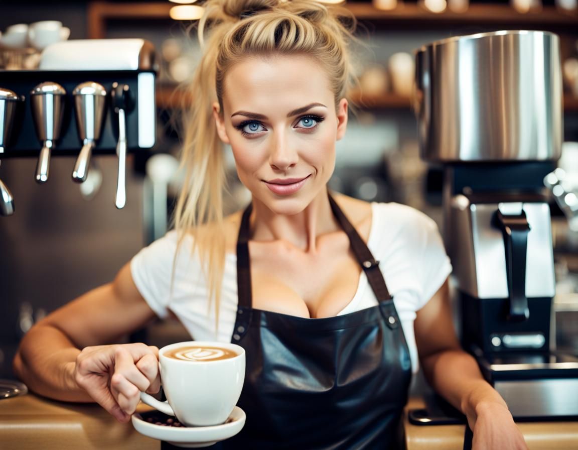 Attractive Barista Offers Coffee, Extreme Close-Up