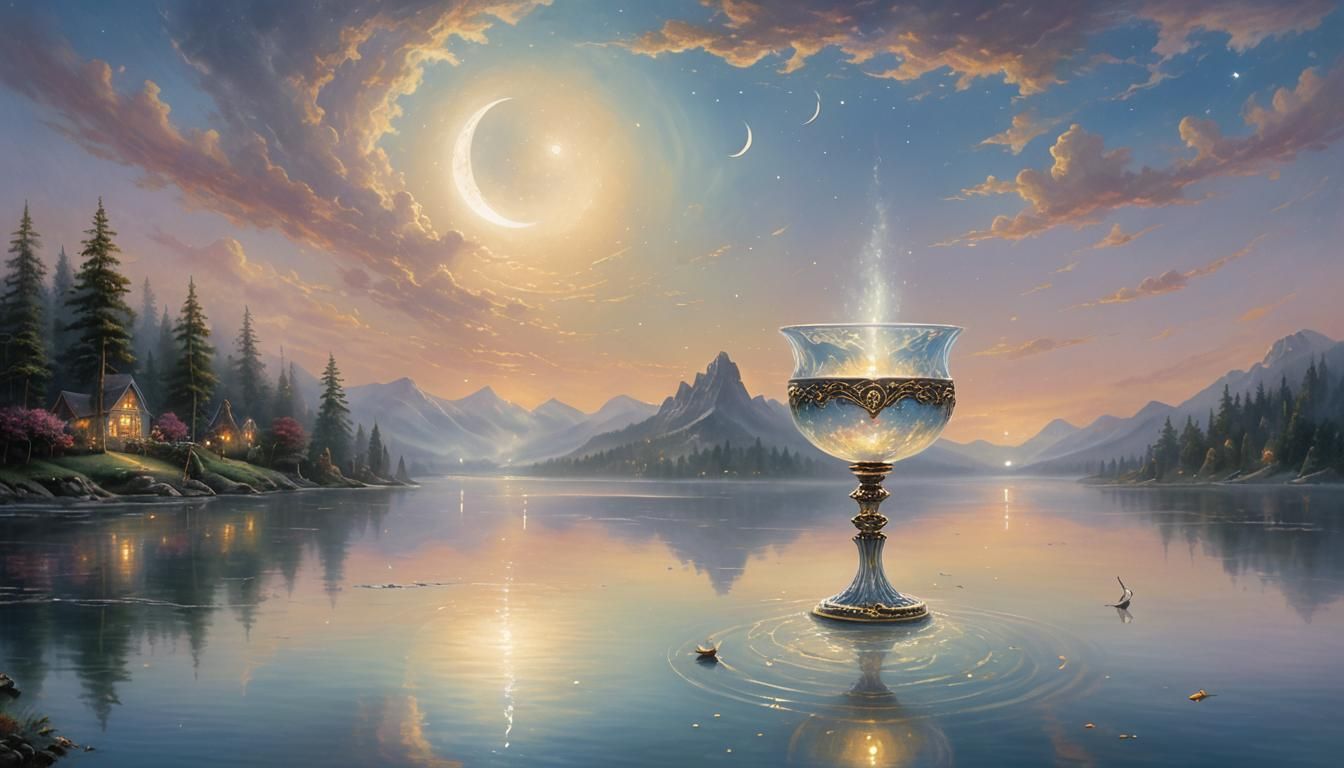 Crystal Chalice Reflecting Moon in Ethereal Fantasy