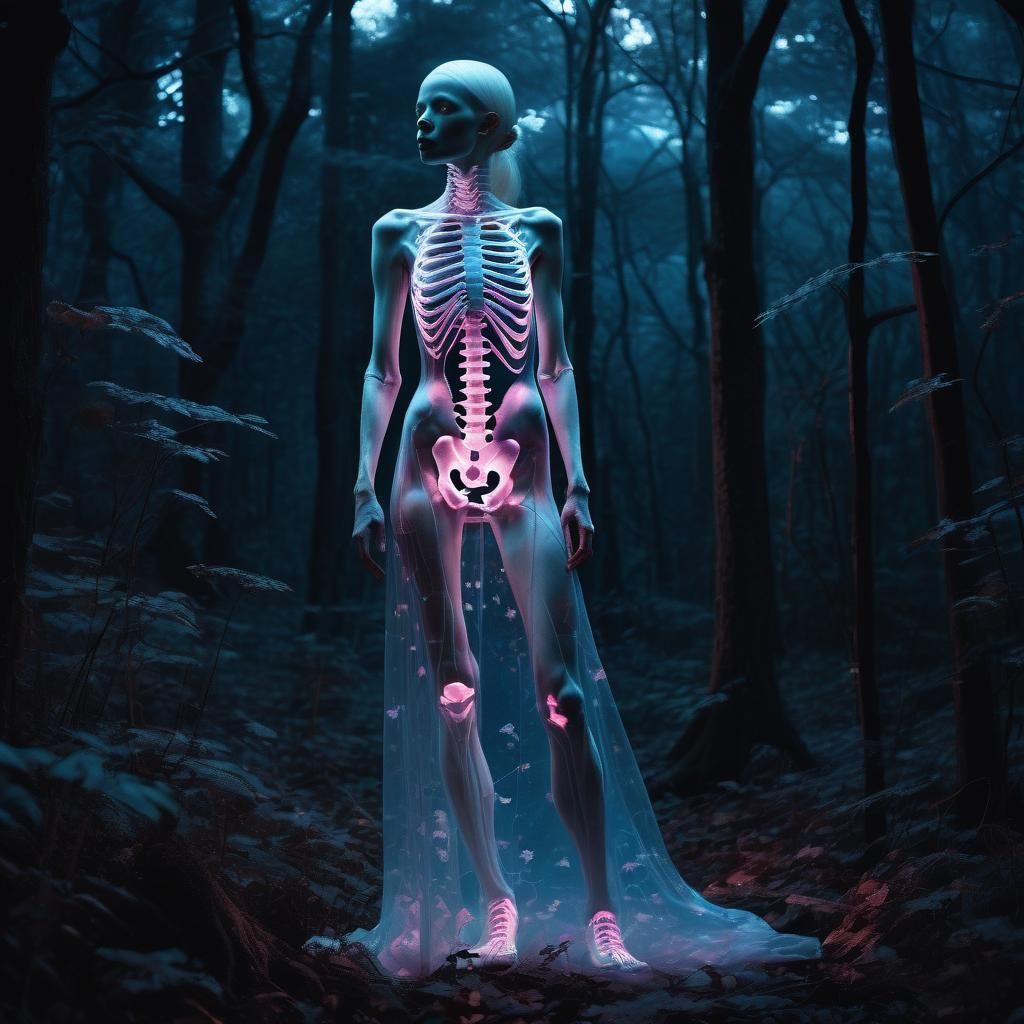 Albino Woman with Neon Skeleton in Dark Woods
