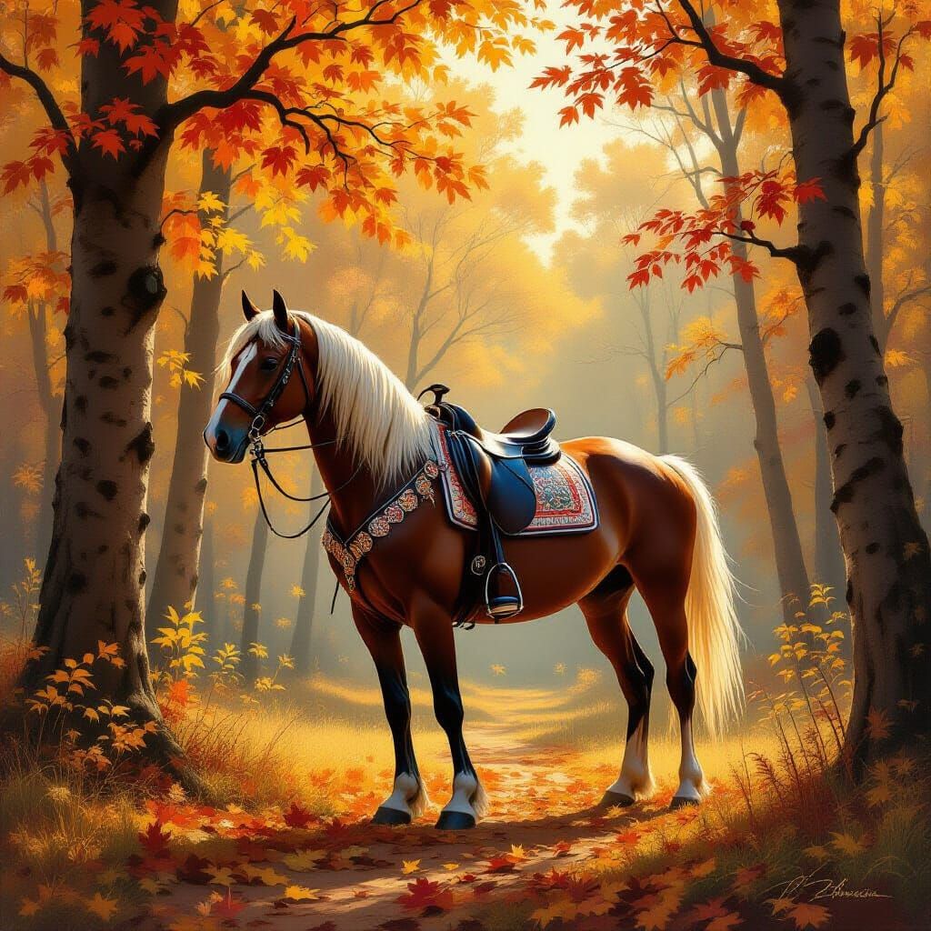 Arabian Mare in Autumn Forest: Oil Painting Style