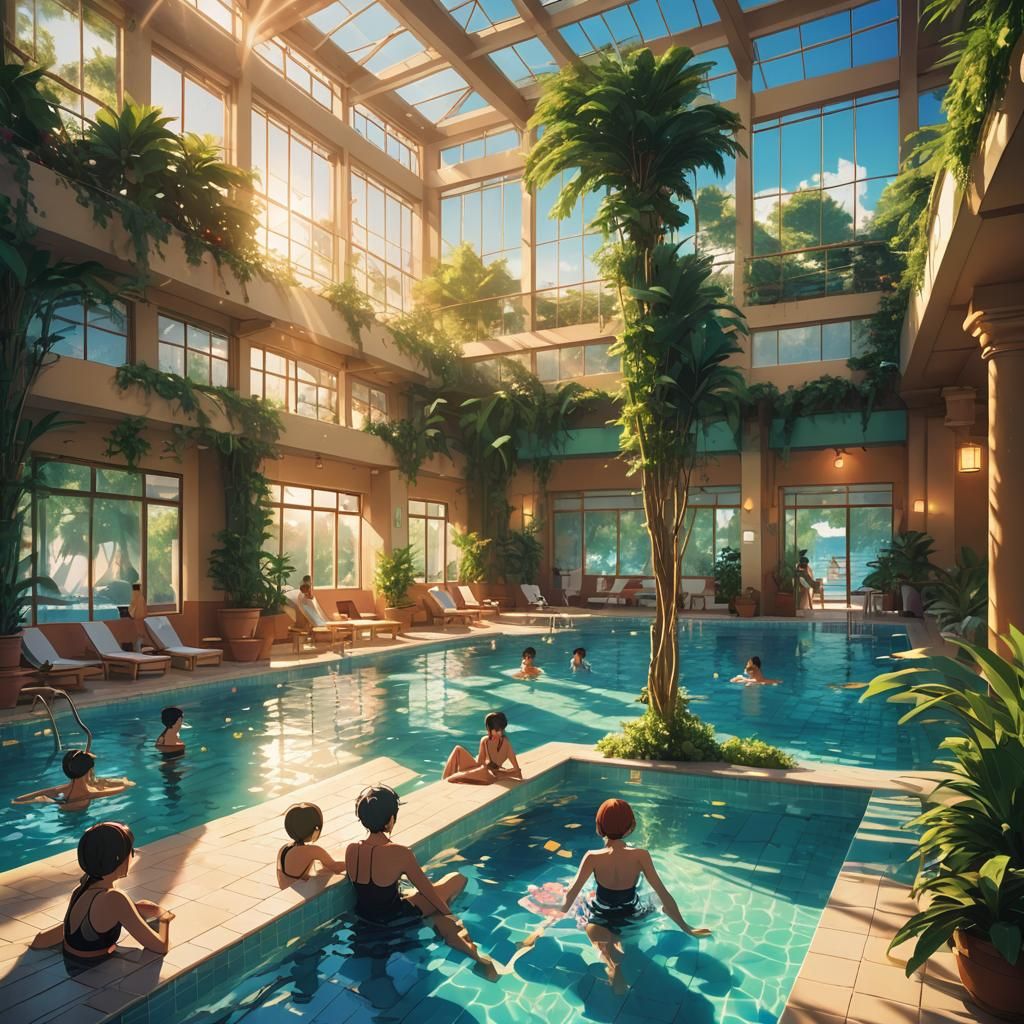 Anime-Style Indoor Pool Scene in Tunisia