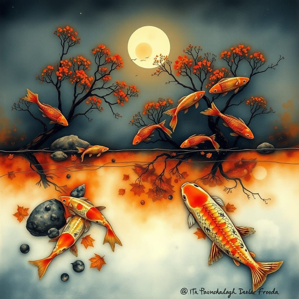 Autumnal Fish in Suminagashi Style