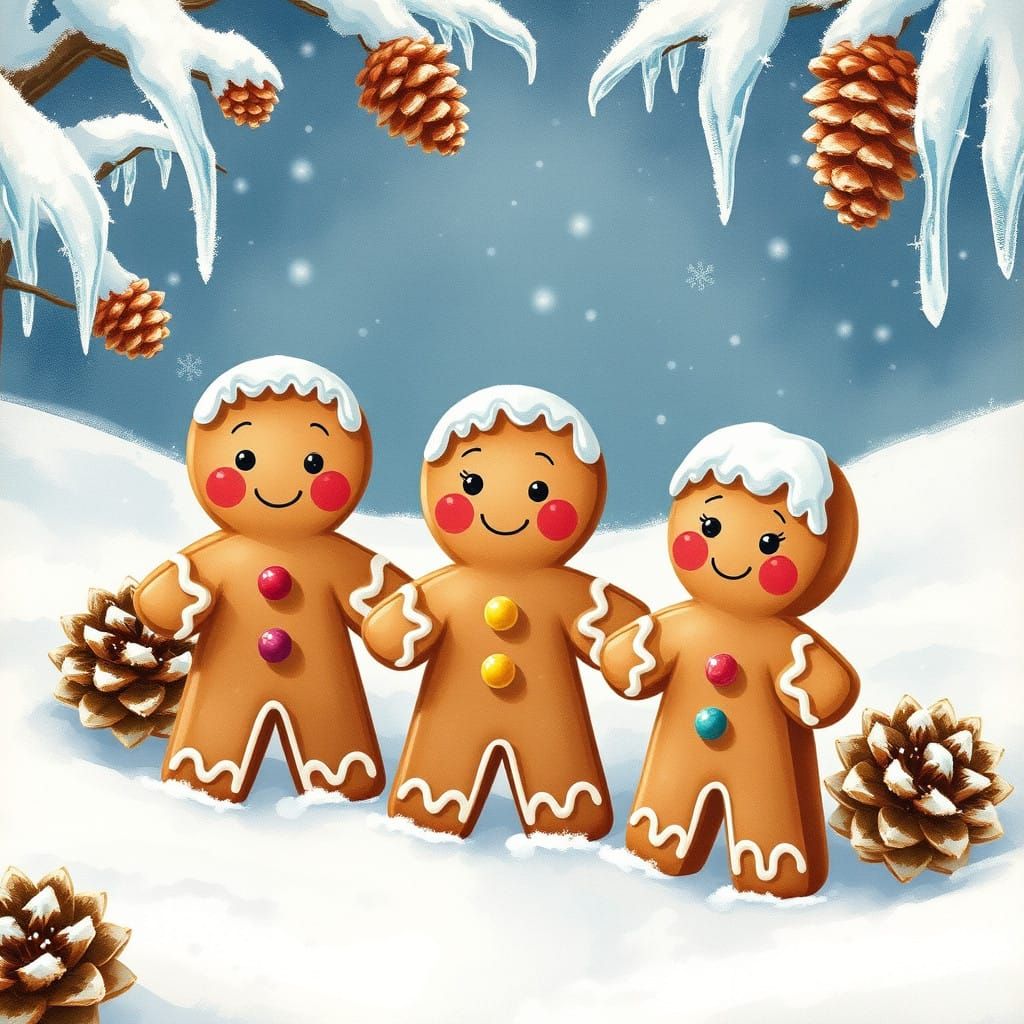 Whimsical Gingerbread Friends in Winter Wonderland Scene