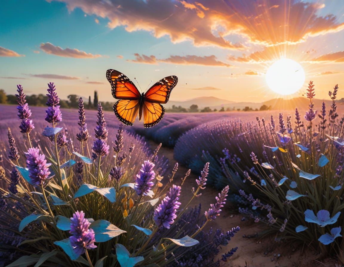 Monarch Butterfly over Lavender Field in Watercolor Style