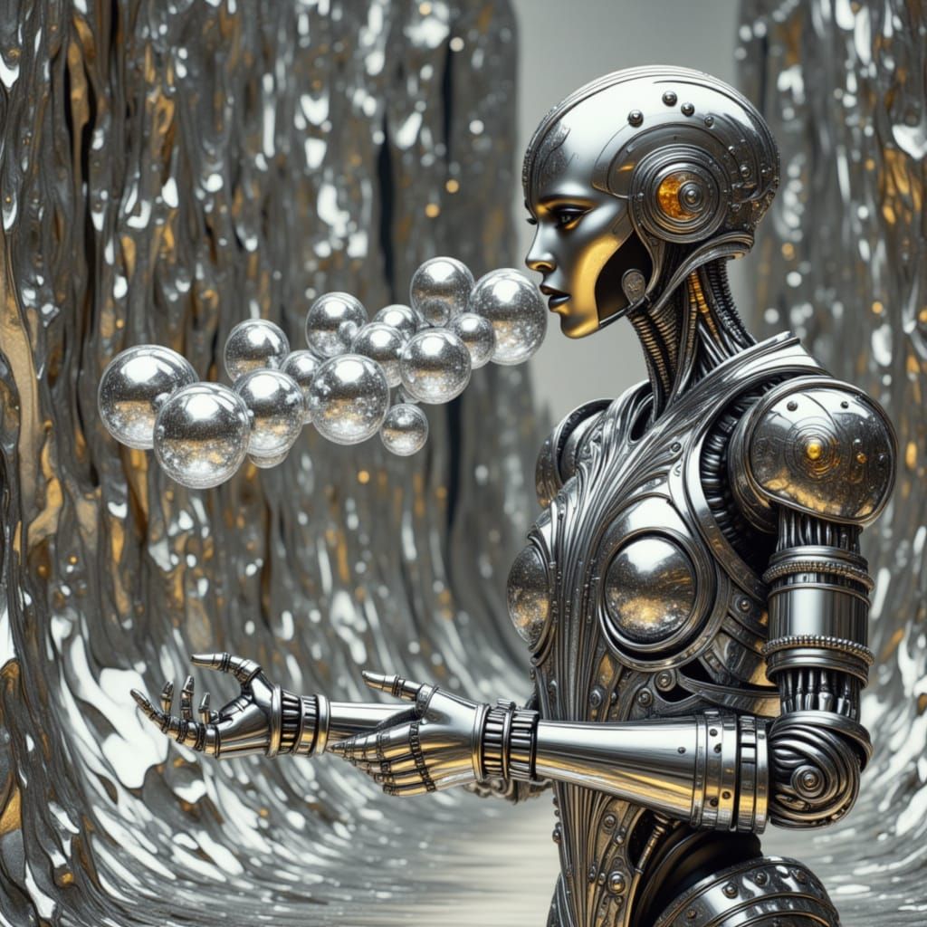 Metropolis Robot Blowing Chrome Bubbles in Futuristic City