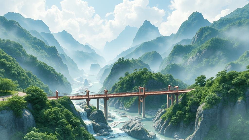 Panoramic Chinese Watercolor Painting of Serene Mountain Cre...