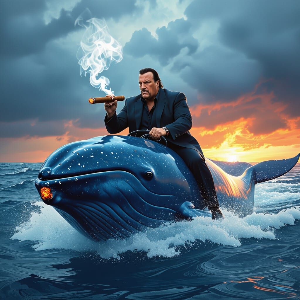 Determined Man Rides Whale Smoking Cigar in Storm