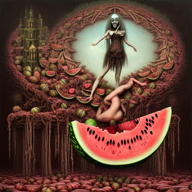 Surreal Watermelon Goddess of Fear in Gothic Art