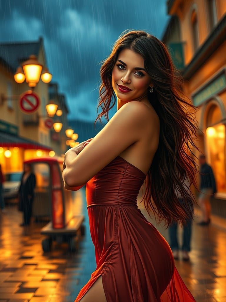 Vintage Pin-Up Dancer in Rainy Night