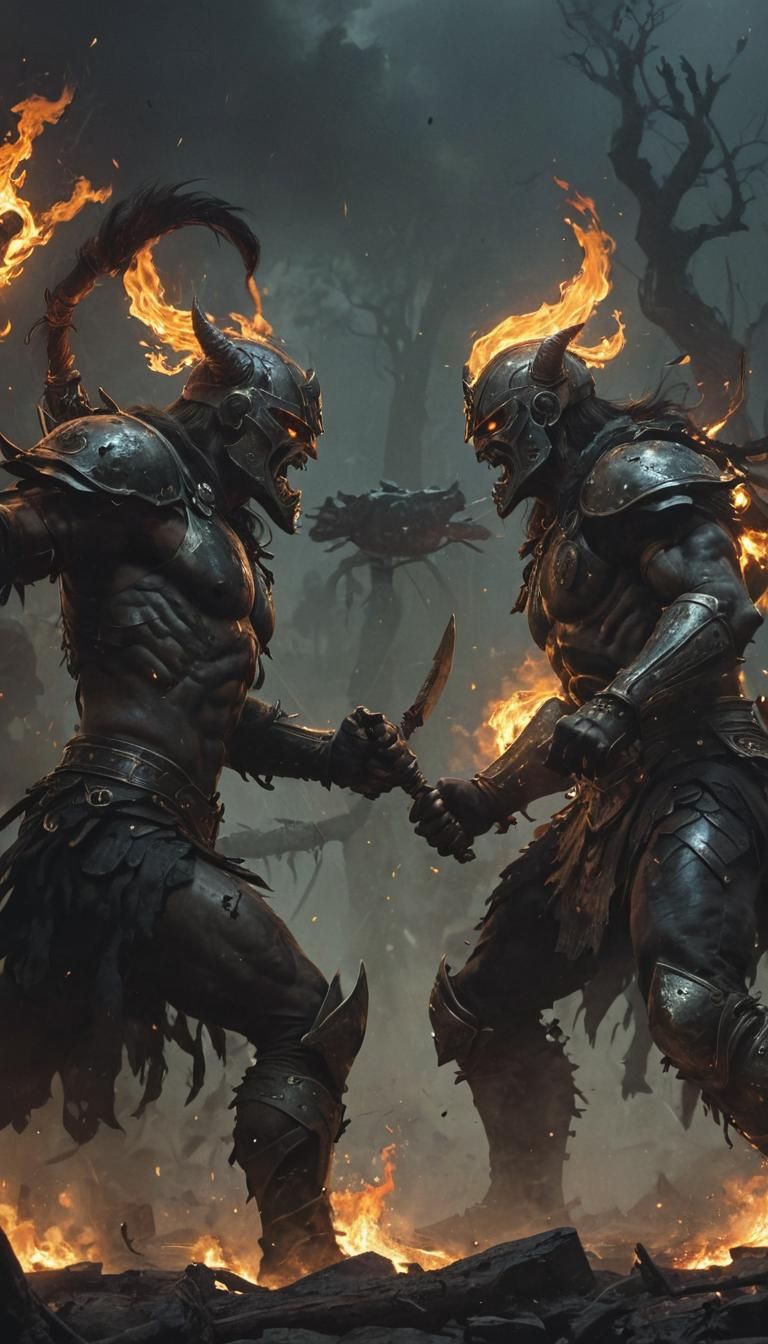Warriors Clash on Shadowy Battlefield in Dark Fantasy Art