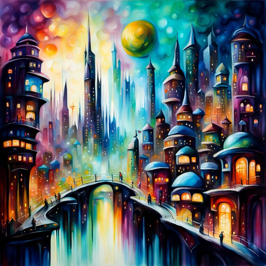 Futuristic Cityscape in Oil Painting Style