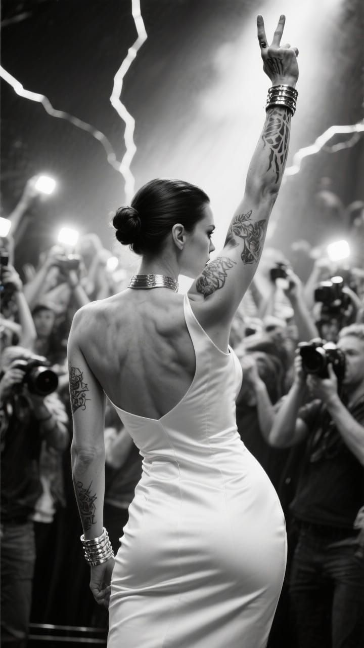 Triumphant Woman in White Dress: Hyperrealistic Portrait