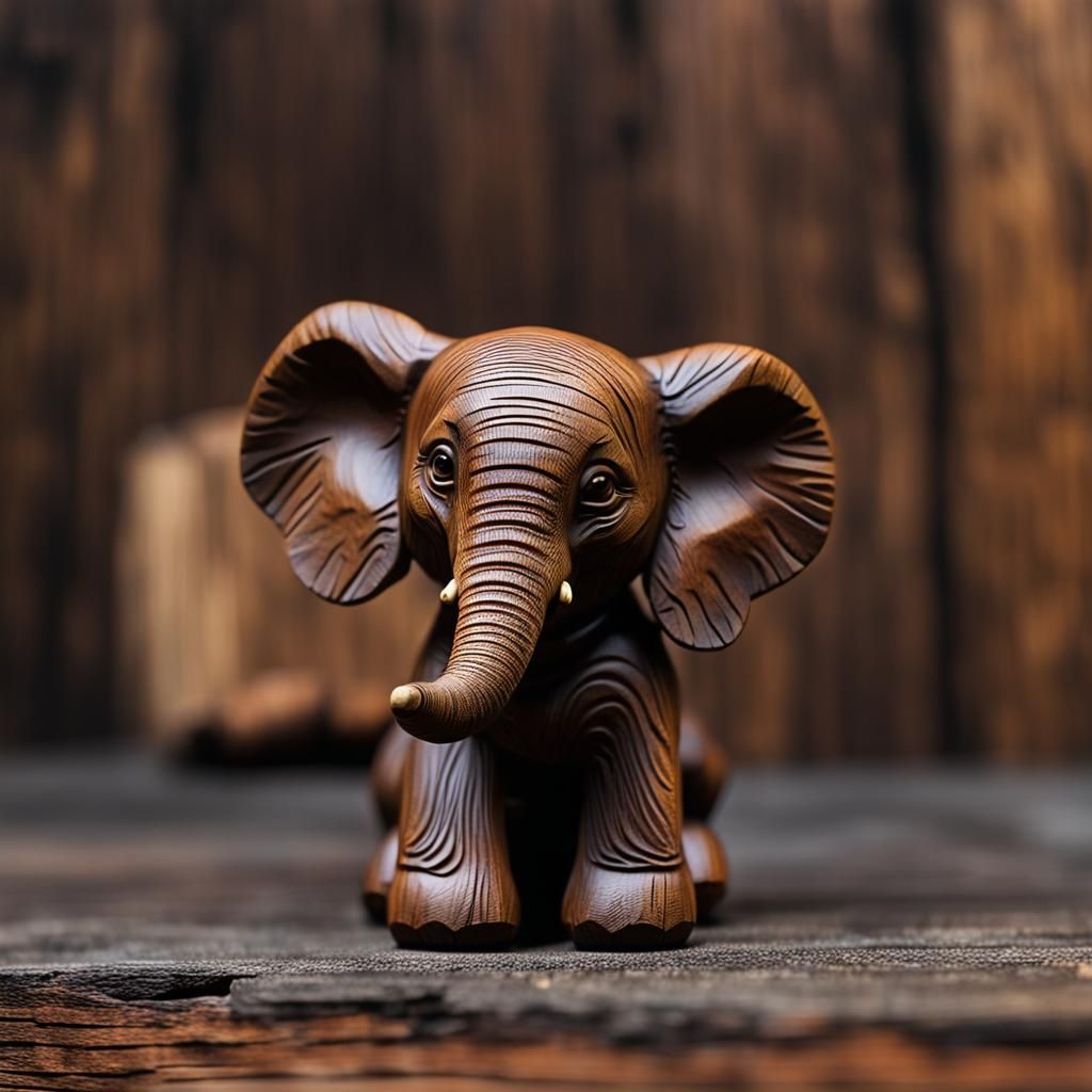 Detailed Wooden Sculpture of a Baby Elephant