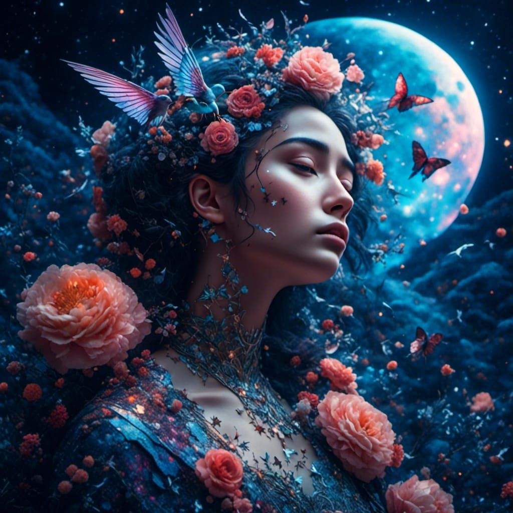 Girl, Moon and Stars in a Hyperrealistic Space