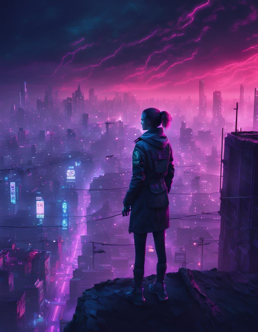Cyberpunk Cityscape Overlook in Surreal Style