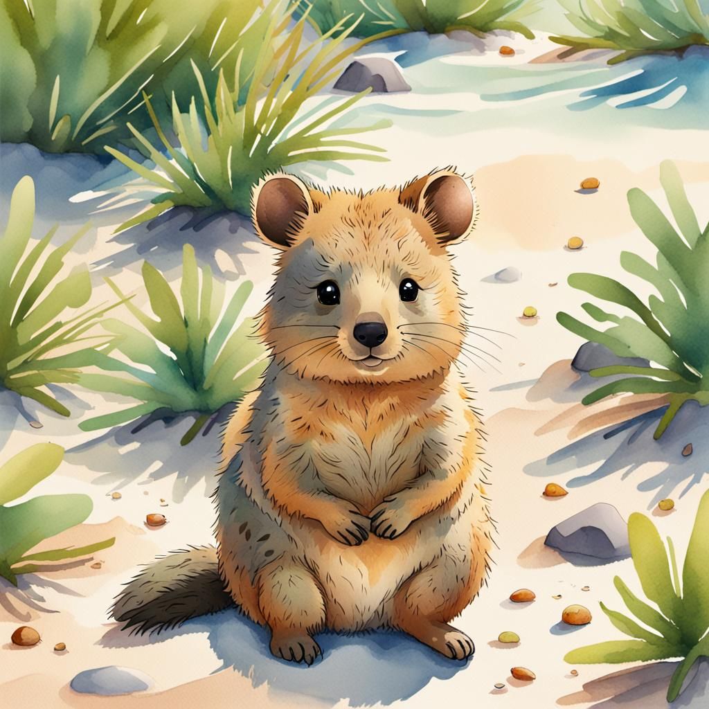 Quokka on a Sunny Beach in Watercolor Style