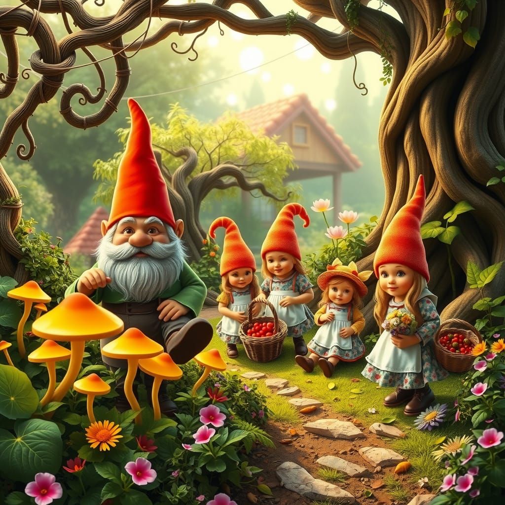 Gnome Family in Whimsical Garden, Matte Painting