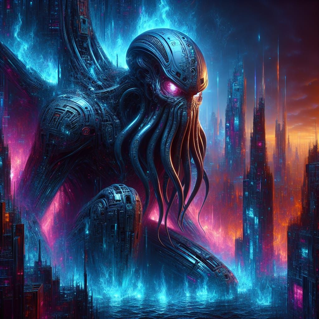 Cyborg Cthulhu Engulfed in Blue Flames