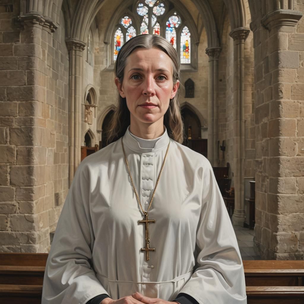 Photorealistic Female Vicar in Norman Church
