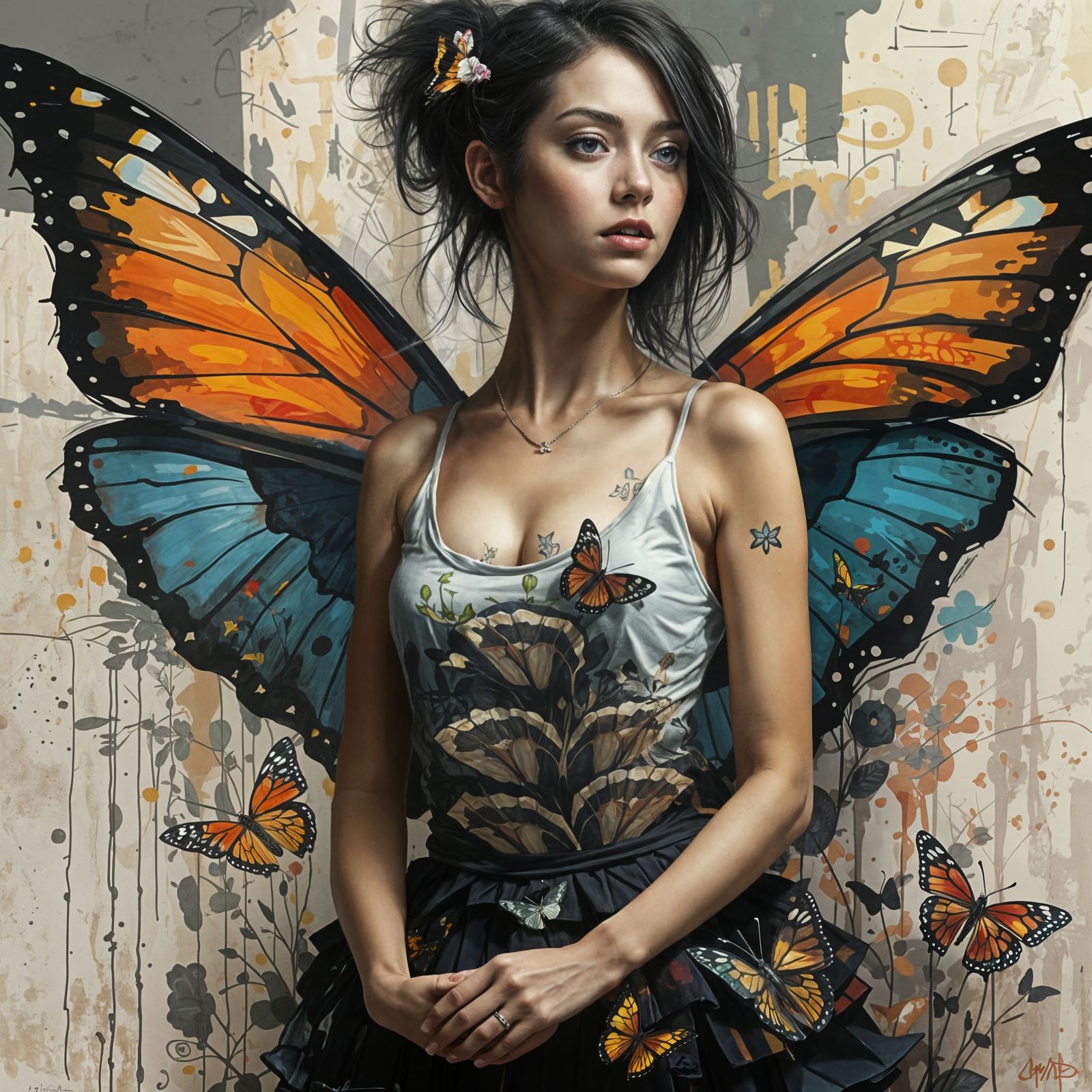 Woman with Iridescent Butterfly Wings in Urban Fantasy Setti...