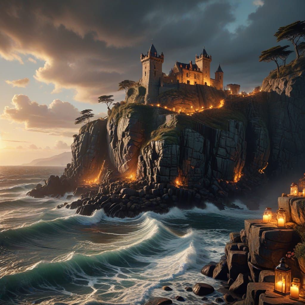 Surreal Castle Shines in Midnight Sunset Glow