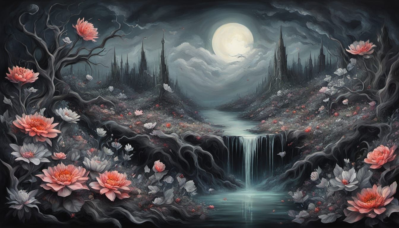 Ethereal Zombiecore Floral Landscape Painting