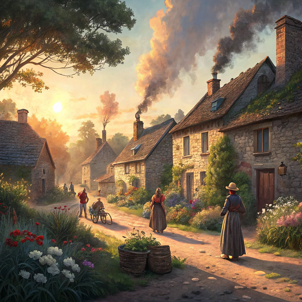 Village Square at Dawn in Impressionist Style