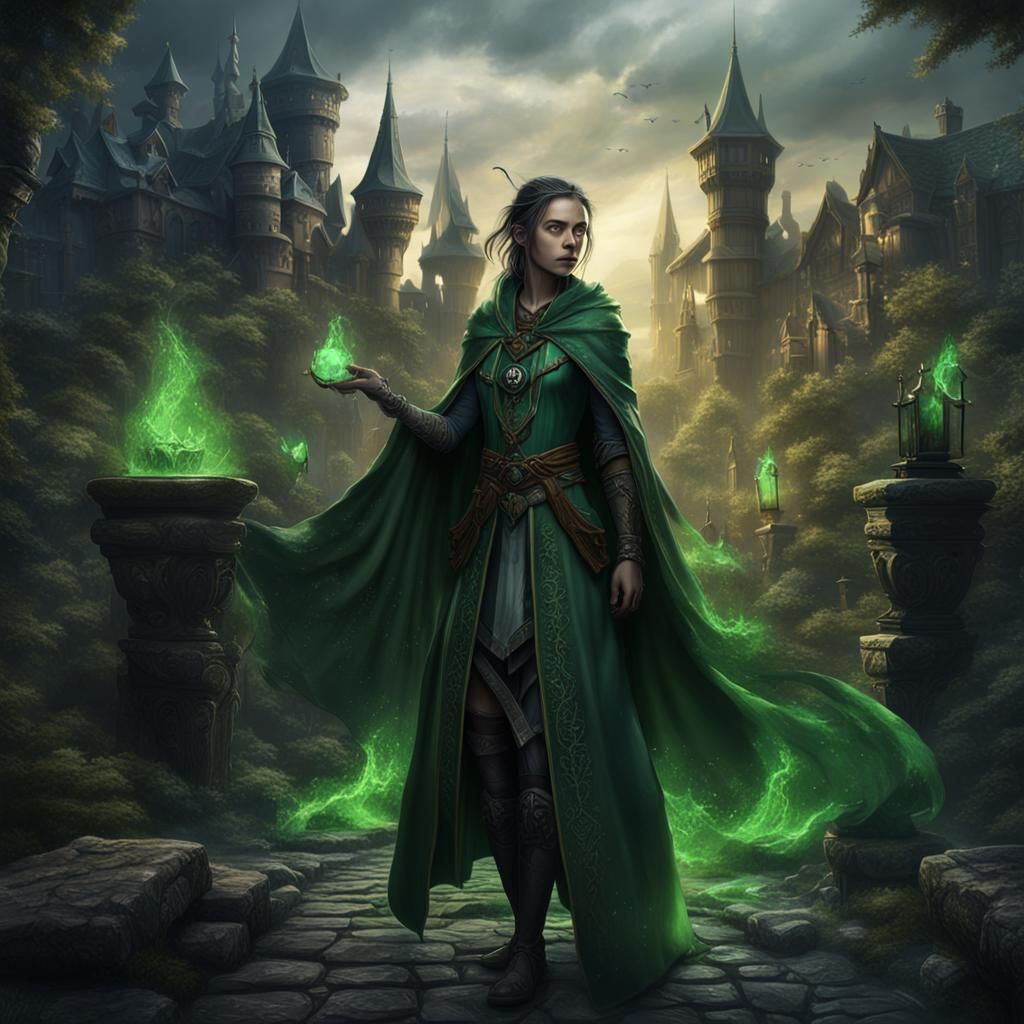 Fantastical German Mage Apprentice in Green Robes