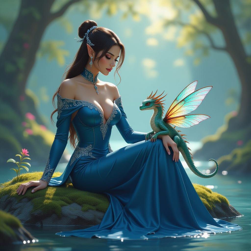 Elf Woman and Dragon with Iridescent Wings
