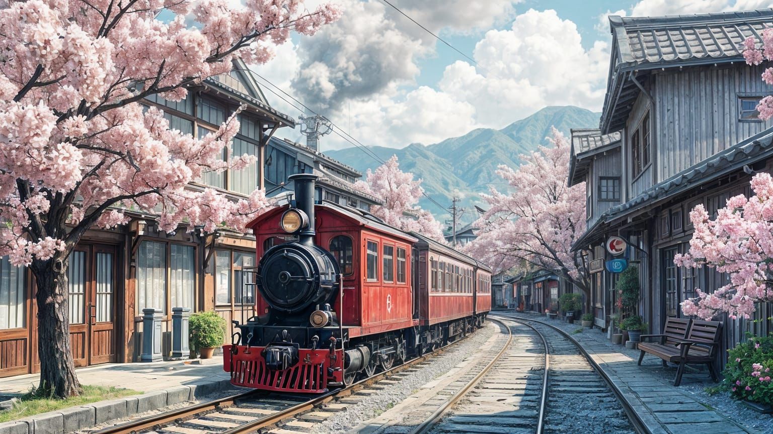 Japanese Town Train in Anime Style