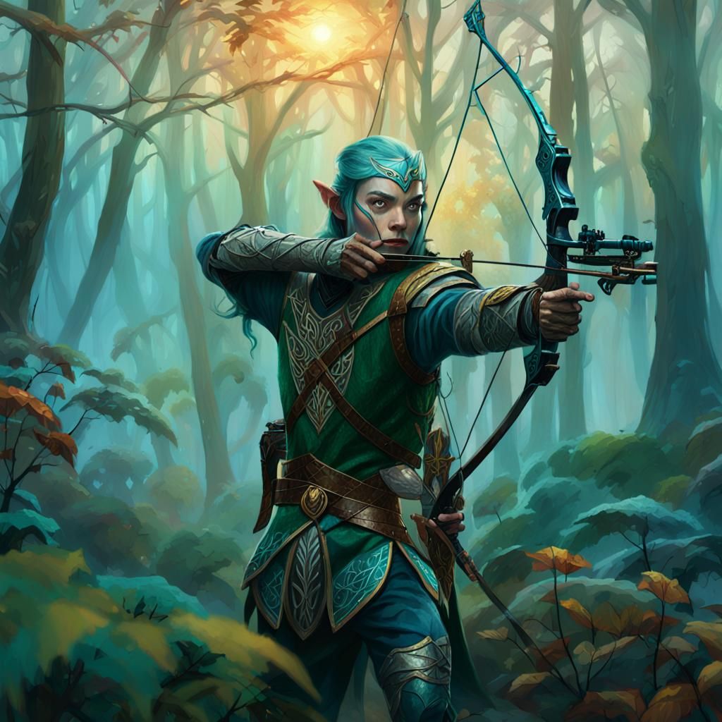 Elven Warrior in Misty Forest Oil Painting