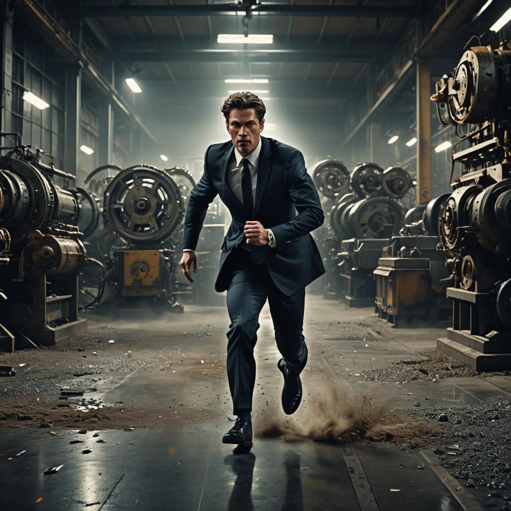 Business Person Flees Industrial Room in HDR