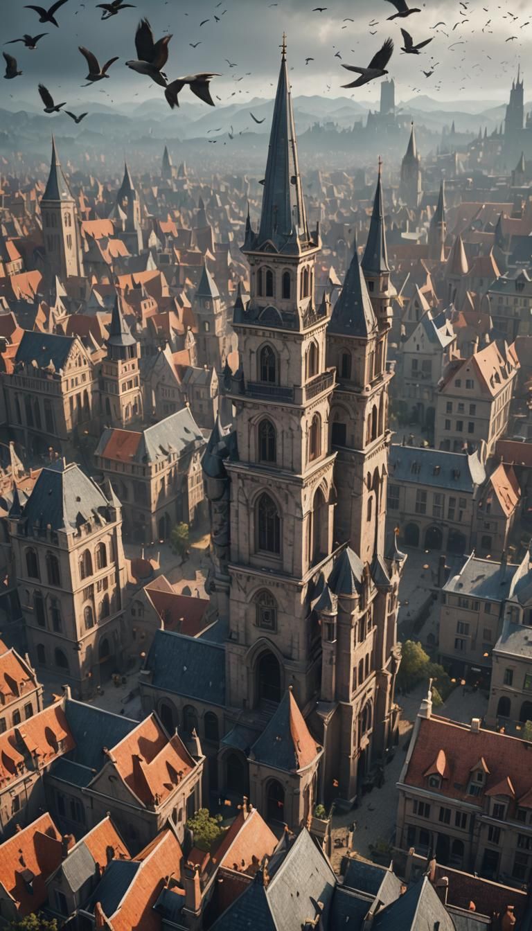 Epic City of Spires with Birds in Cinematic 3D