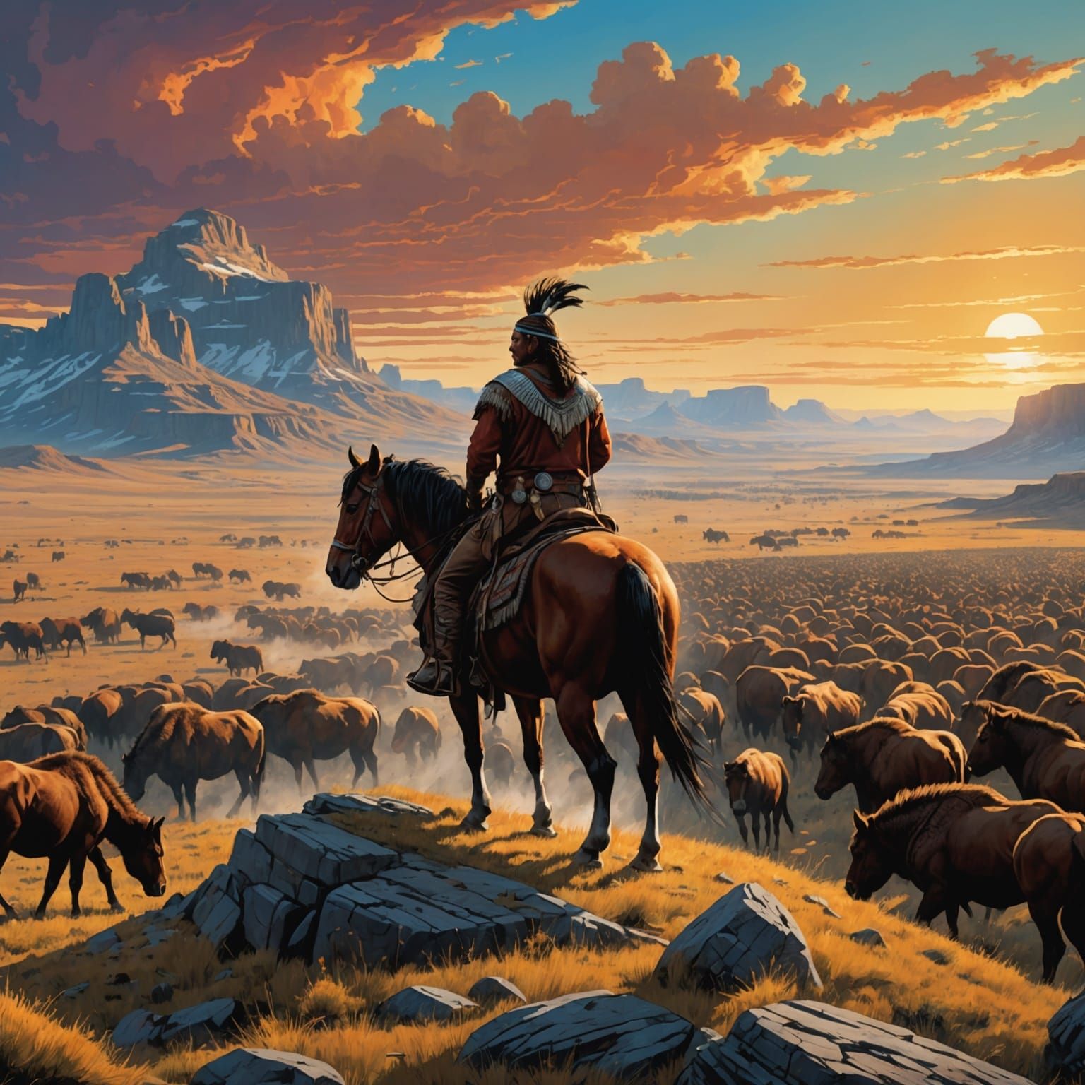 A Native American with horse in the distant  high on a plate...