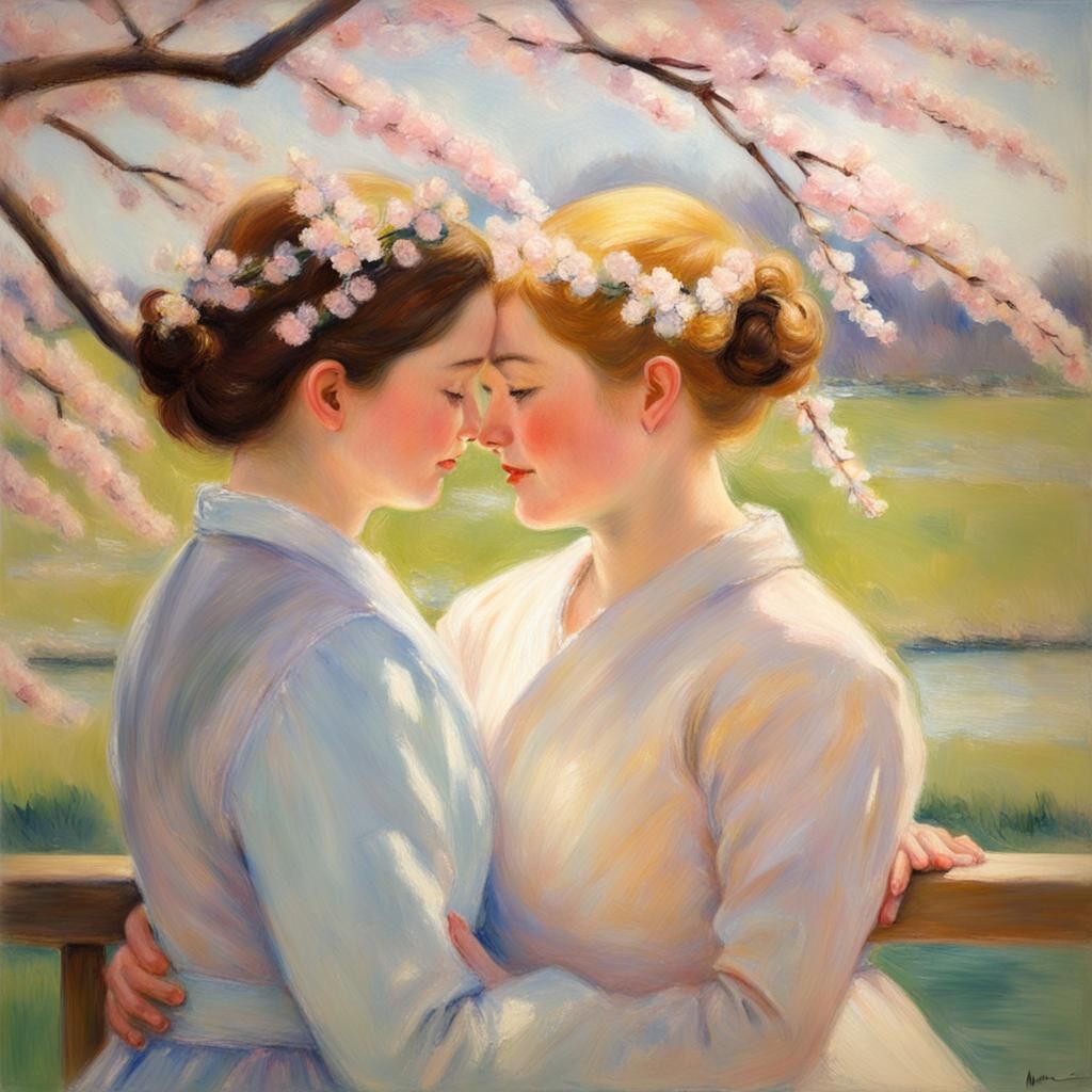 Lesbian Wedding with Cherry Blossoms in Impressionist Style