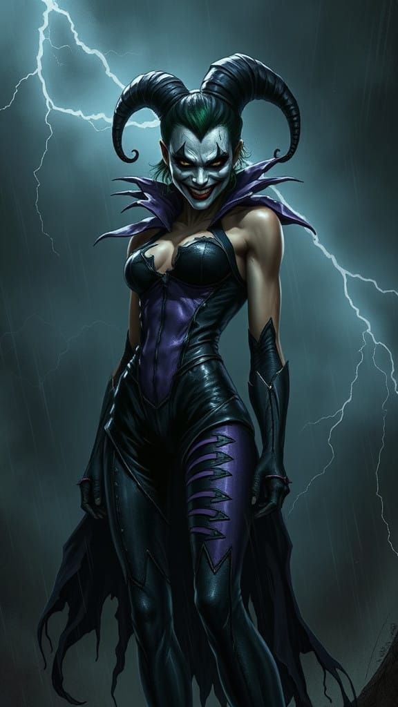Dark Female Joker in Tattered Jester's Outfit