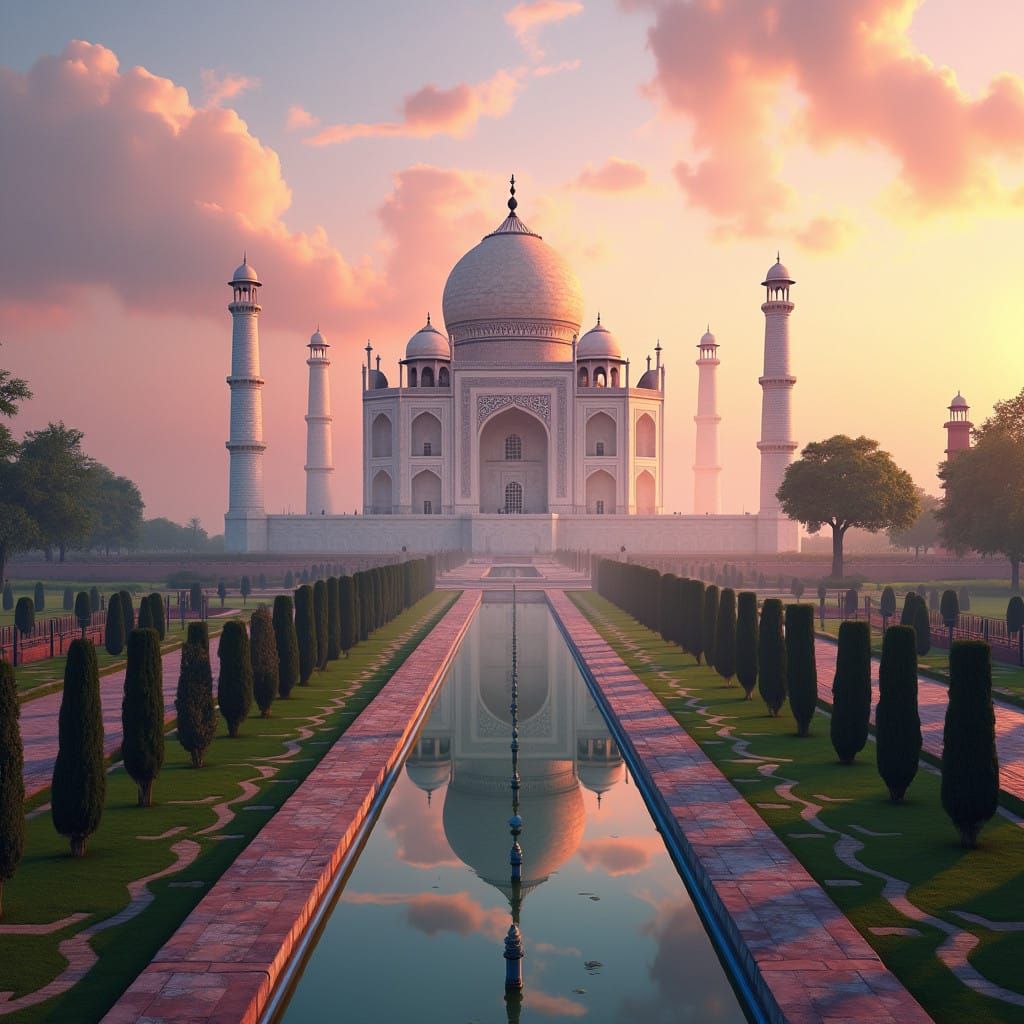 Surreal Sunrise Landscape of the Taj Mahal in Lush Gardens