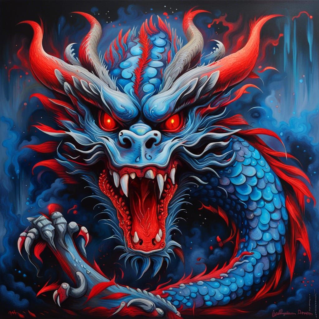 Blue Dragon with Ghost Flames Graffiti Art