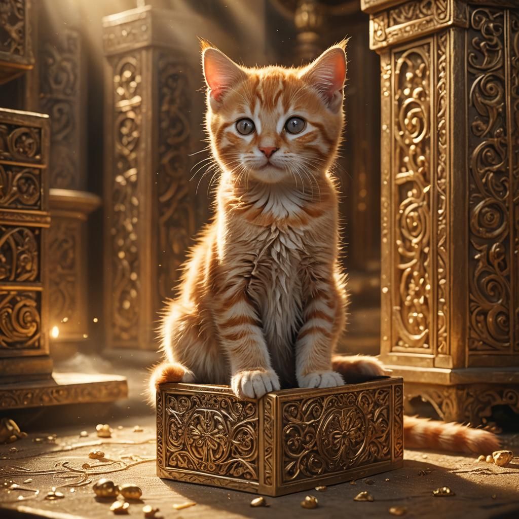 Orange Tabby Kitten in Ornate Box, Digital Painting