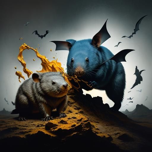 Wombat Dissolving into Human-Bat Hybrid, Surrealist Art