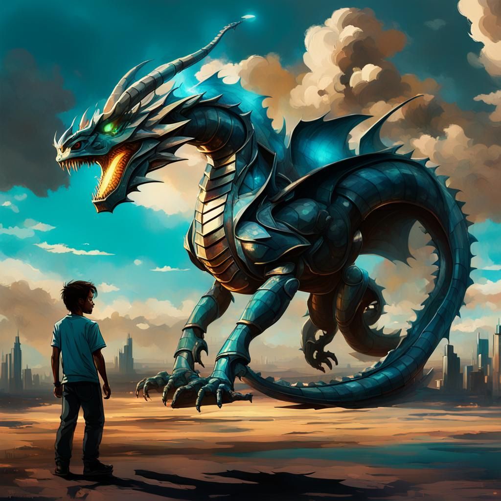 Futuristic Robot Dragon Soaring Over Cityscape