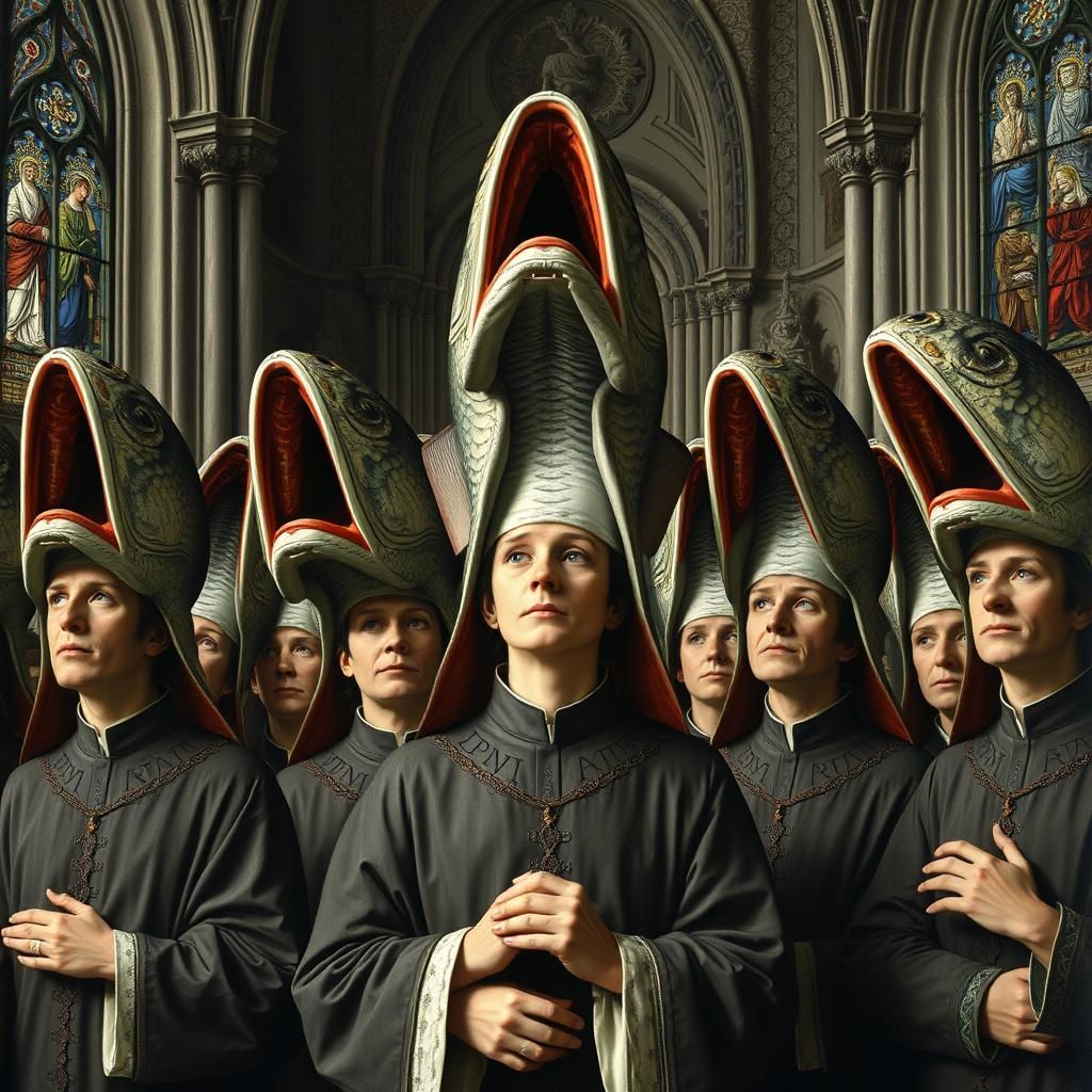 Fish Headpiece Priests in Netherlandish Style