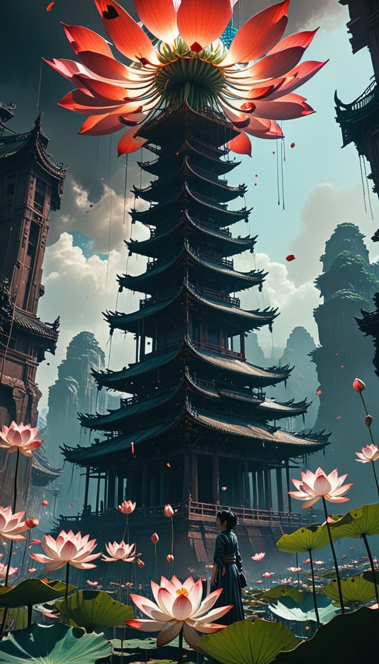 Surreal Lotus Tower in Whimsical Manga Style