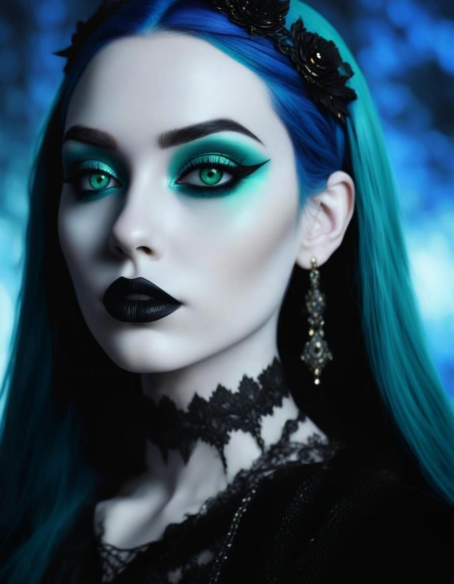 Beautiful gothic young lady with long teal green hair with b...