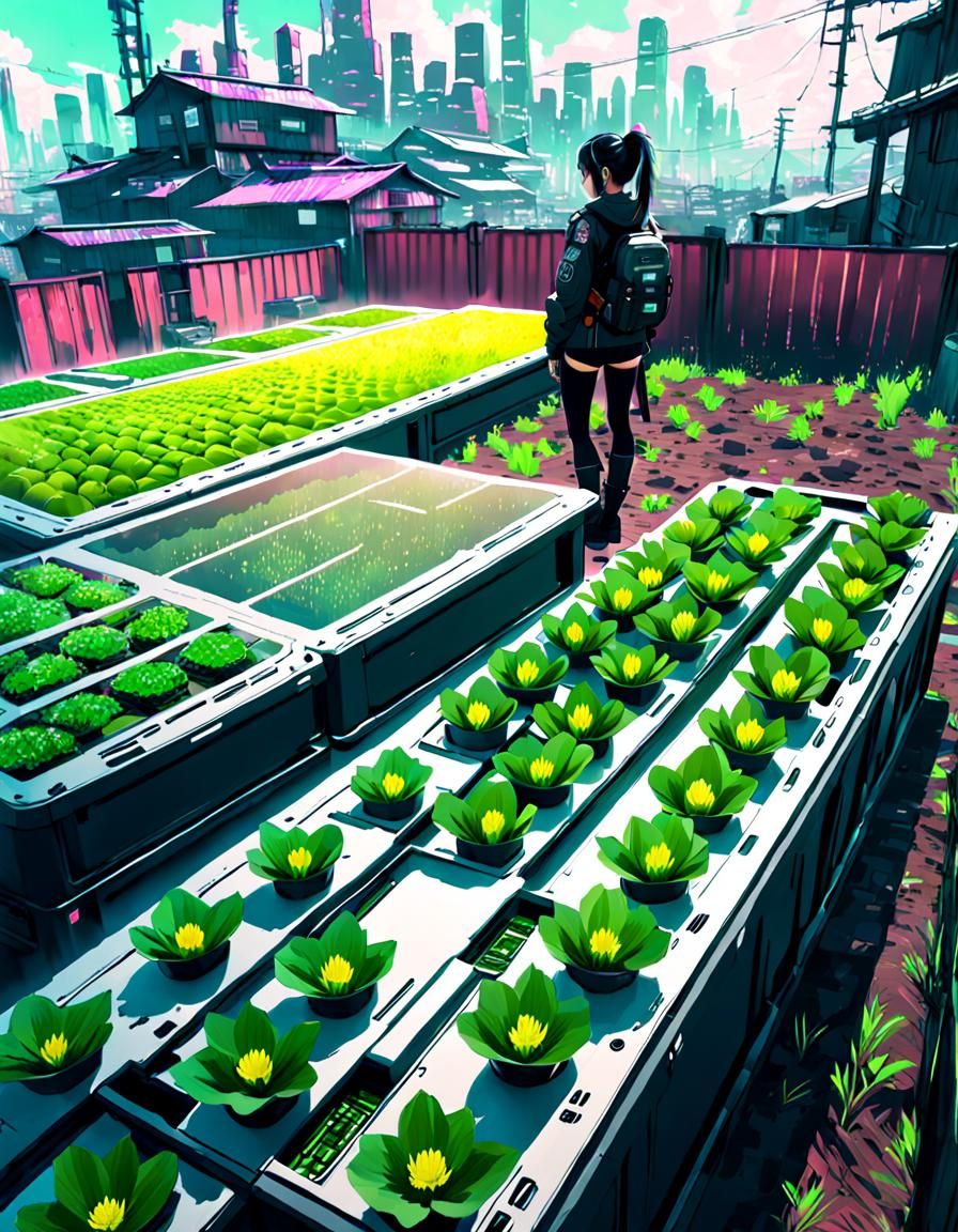 Cyberpunk Girl Observes Urban Farm with Glitch Effects