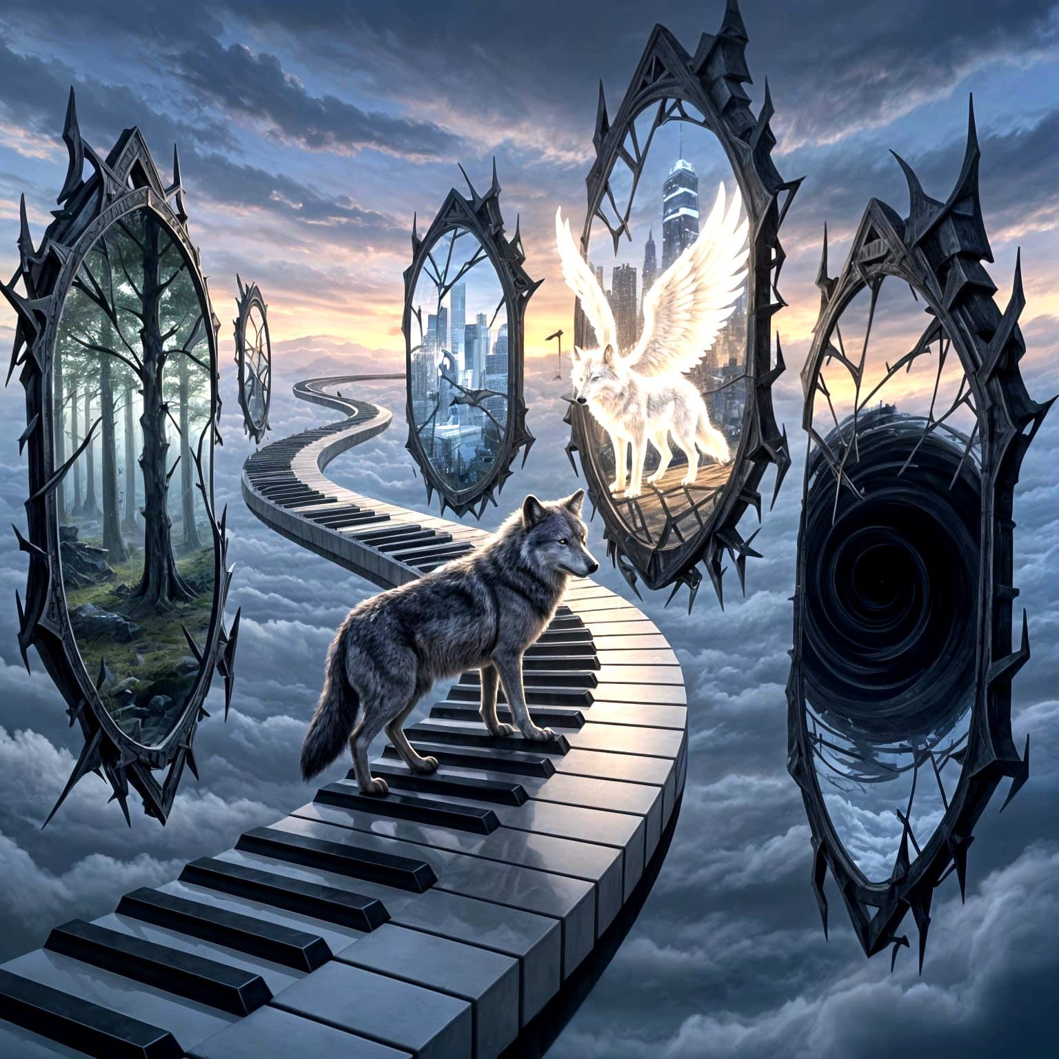 Wolf on Piano Key Bridge with Portal Mirrors