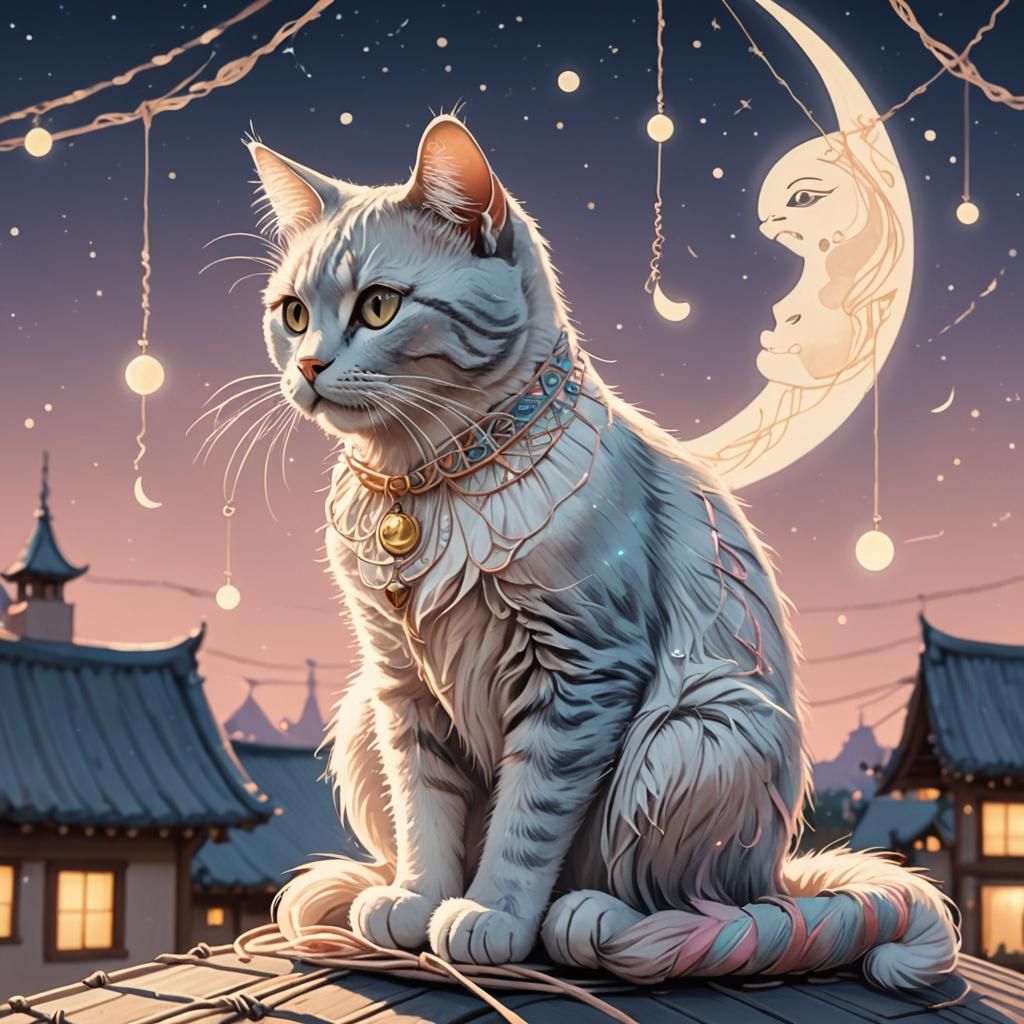 String Cat on Roof in String Art Style